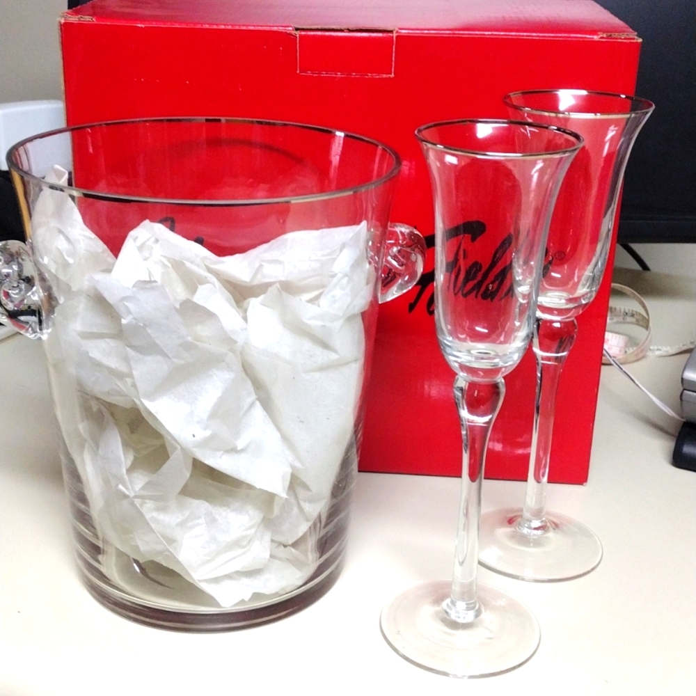 NIB Marshall Fields Ice Bucket and Two Flutes